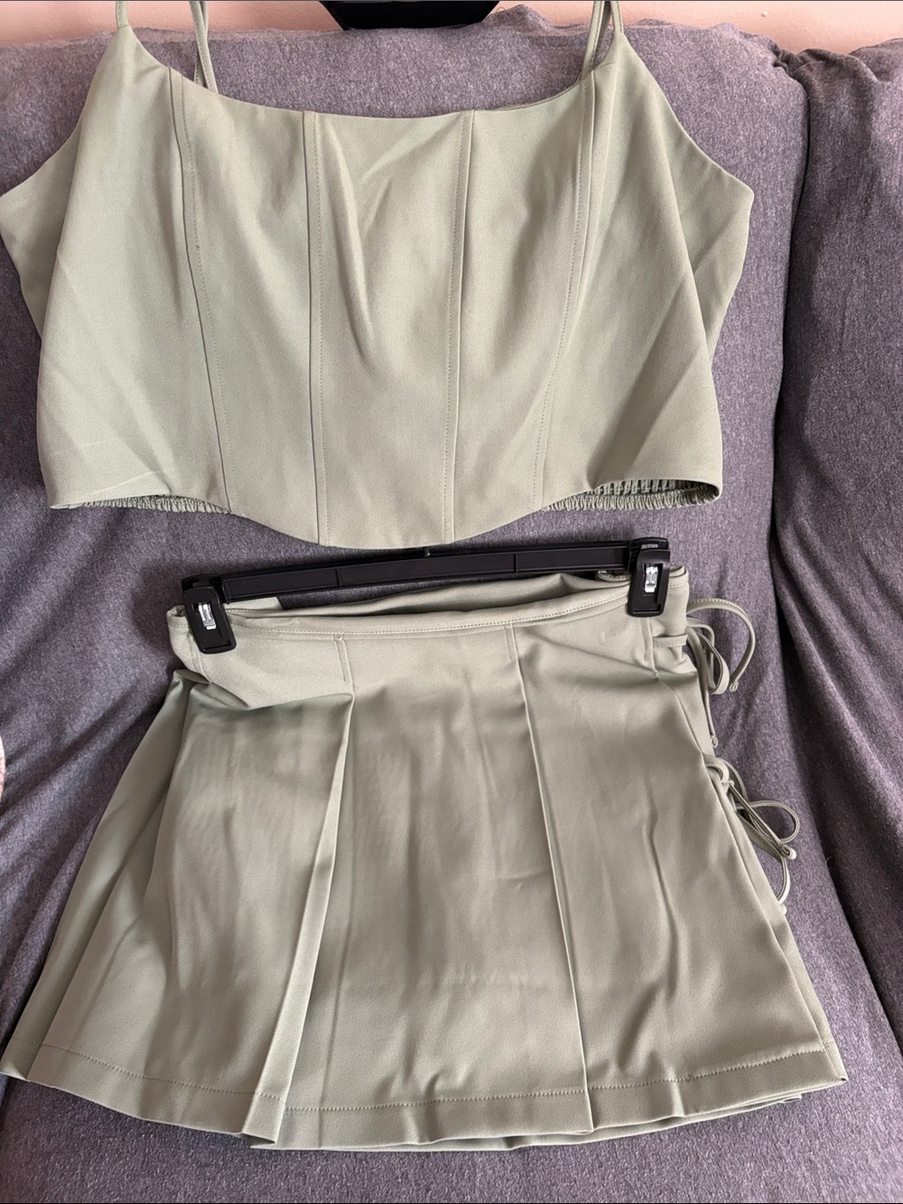 Sage Green Pleated Mini Skirt with Side Lace-Up - Women's Skirt